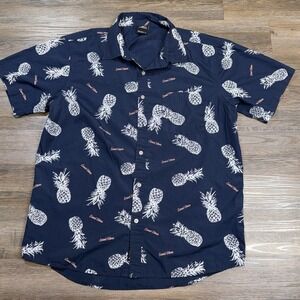 Fly Society Shirt Mens L Short Sleeve Blue Botton-Up Pineapple Print Good Vibes